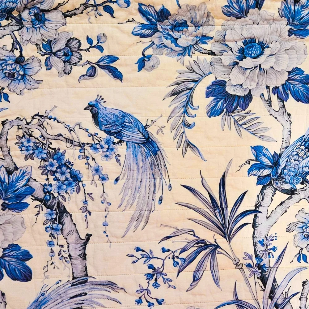 Rachel Zoe Full/Queen Blue & White Toile Bird Floral Quilt Set‎ 3pc